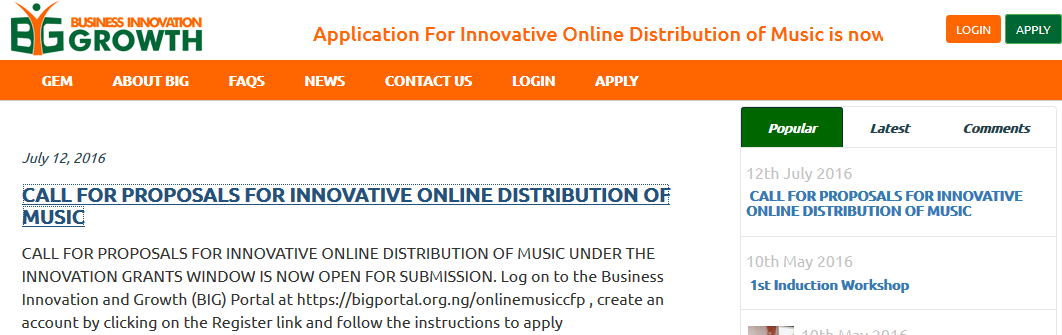 CALL FOR PROPOSALS FOR INNOVATIVE ONLINE DISTRIBUTION OF MUSIC