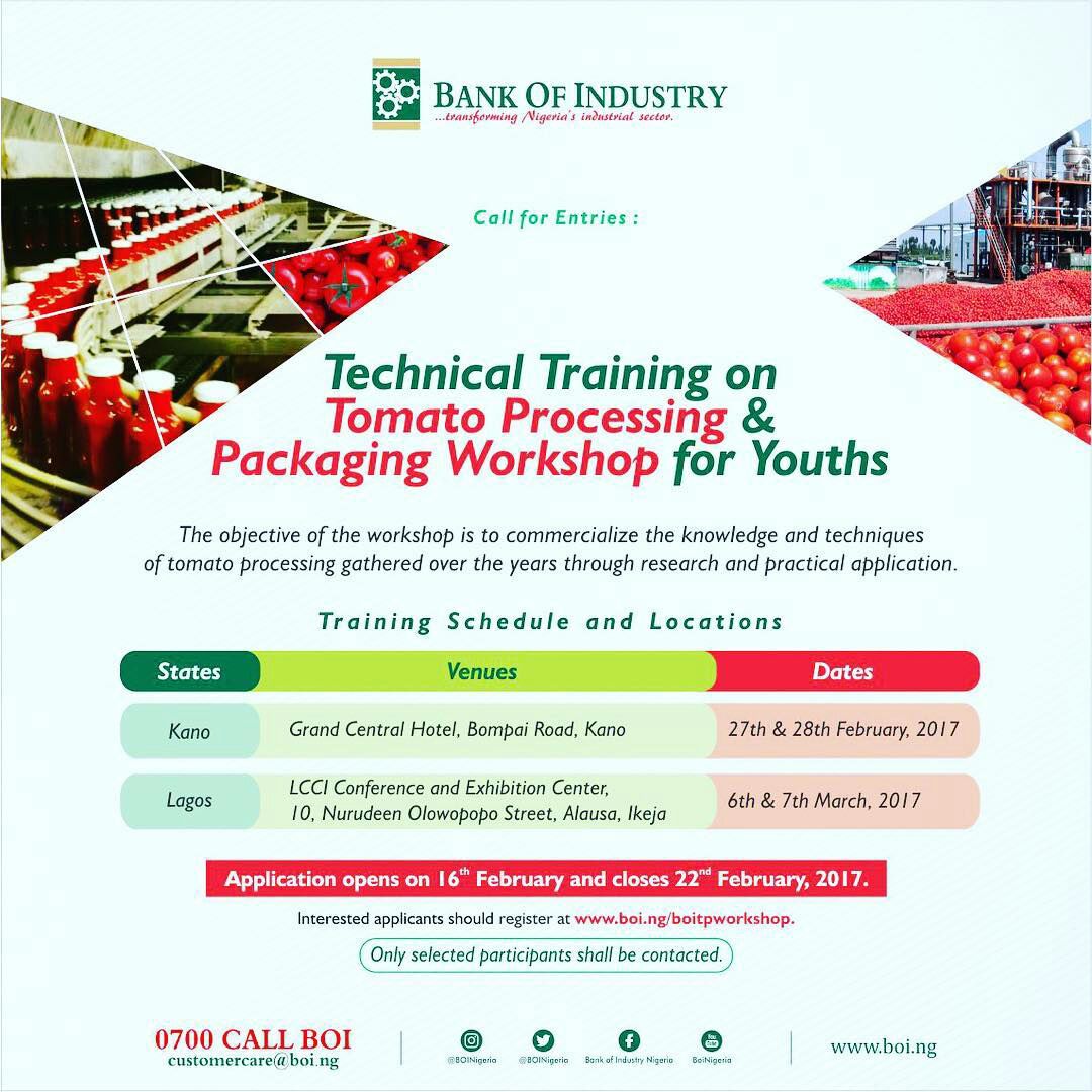 Apply For Technical Training on Tomato Processing & Packaging Workshop for Youths by BOI