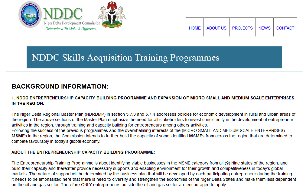 NDDC just published Entrepreneurship Capacity Building Programme and Skills Acquisition Programmes.