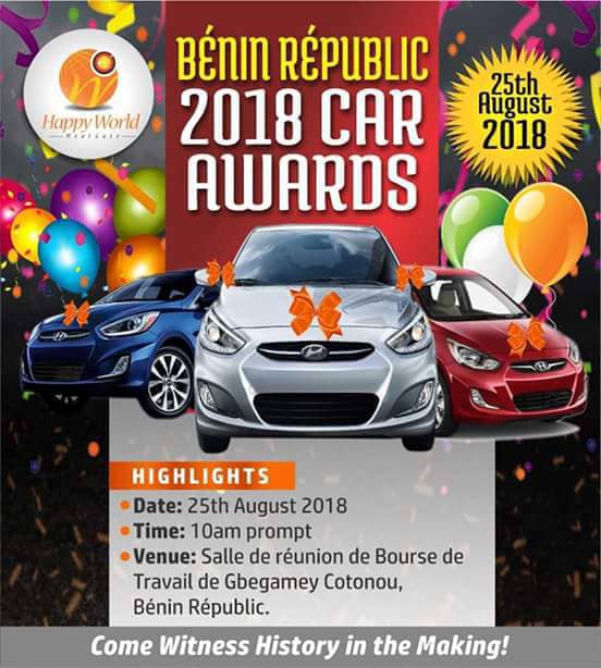 HAPPY WORLD MEAL GATE CELEBRATES IT'S 1ST CAR AWARDS TO HOLD IN BENIN REPUBLIC ON 25TH AUGUST 2018.