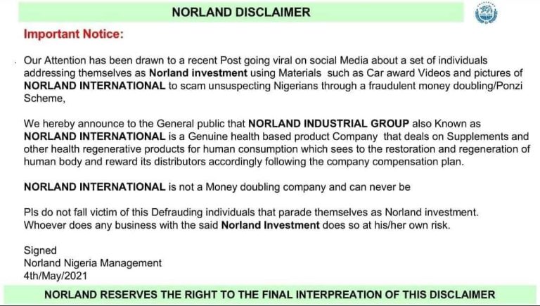 Norland Investment Disclaimer